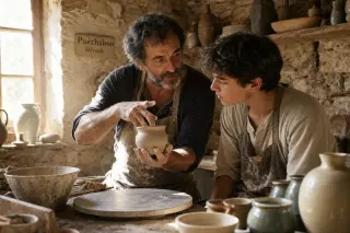 Potter and apprentice working together in a rustic stone workshop, warm sunlight streaming in, surrounded by handmade ceramics.