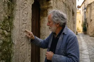 Elderly artisan examining ancient carvings on a limestone doorway in a sunlit narrow alley of Puéchabon, evoking a quiet connection to the village's medieval history.