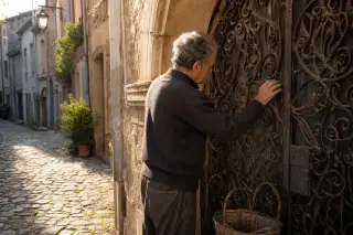 Elderly local examining ornate iron door in a sunlit, stone-paved alley of Puéchabon, soft morning light creating a peaceful ambiance.