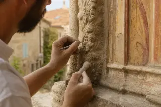 Artisan hands restoring detailed stone carvings on an old façade in soft Languedoc afternoon light, showing delicate work and weathered materials.