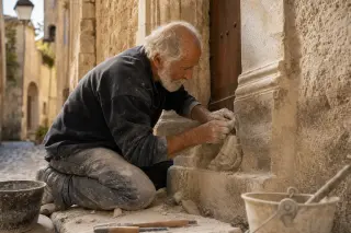 Elderly mason working on an old stone doorway in golden light, hands covered in dust, surrounded by historic walls and scattered tools, Puéchabon village
