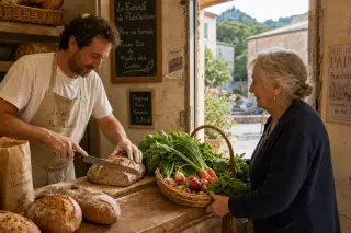 A baker in a rustic village bakery hands sliced bread to an elderly neighbor with a basket of vegetables, warm afternoon sunlight entering through an open door.