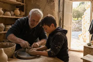 An elderly potter teaches a young apprentice in a stone workshop, surrounded by handmade ceramics and bathed in warm afternoon light, with a glimpse of wild garrigue outside.