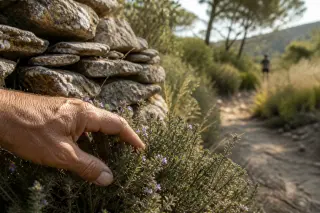 Two mountain bikers pausing on a stony garrigue trail near Puéchabon, one checking a map, the other looking at native plants, with soft Mediterranean midday light and rugged limestone scenery.