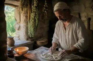 Artisan shaping traditional bread in a rustic stone kitchen, warm light streaming through a window, herbs hanging nearby, capturing an authentic village culinary moment.