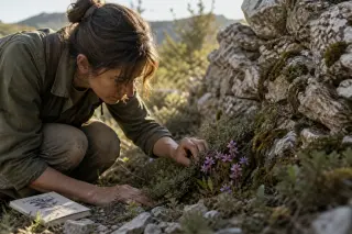 Botanist examining wild orchids near a stone wall in Puéchabon garrigue, with soft morning light and natural Mediterranean vegetation.