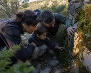 Family observes mossy stone wall on forest trail near Puéchabon, soft evening light highlighting subtle interaction with nature.