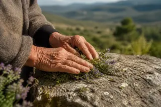 Elderly hands crushing wild thyme and lavender on a stone ledge, with blurred Garrigue landscape and soft morning light in the background.