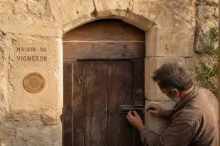 Artisan repairing an old iron latch on a weathered wooden door of a vigneron's house, sunlit stone façade, hands highlighted by gentle golden light.