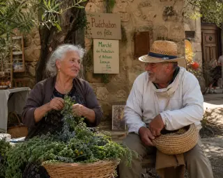 Elderly artisan weaving garlands beside a beekeeper in a stone courtyard during a Puéchabon festival, soft golden light, authentic village atmosphere