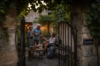 Evening courtyard in Puéchabon with local hosts sharing wine and bread with a relaxed hiker, gentle golden light and rustic authenticity.
