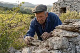 Elderly vigneron repairing a dry-stone capitelle wall among wild garrigue and old vineyard rows in Puéchabon’s gentle morning light