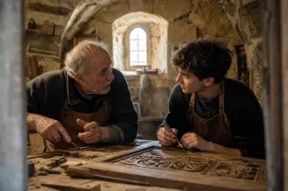 Artisan and apprentice restoring a historic wooden door in a vaulted stone workshop, bathed in soft, natural Languedoc light.