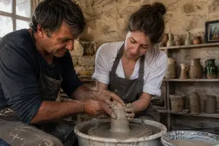 Artisan potter teaches visitor at a clay wheel in a sunlit stone atelier, shelves filled with handmade ceramics, quiet and authentic atmosphere.