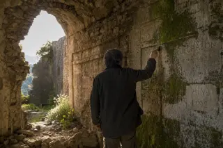 Historian cleaning moss from an ancient stone wall inside a ruin, soft golden light illuminating weathered textures and small wildflowers.
